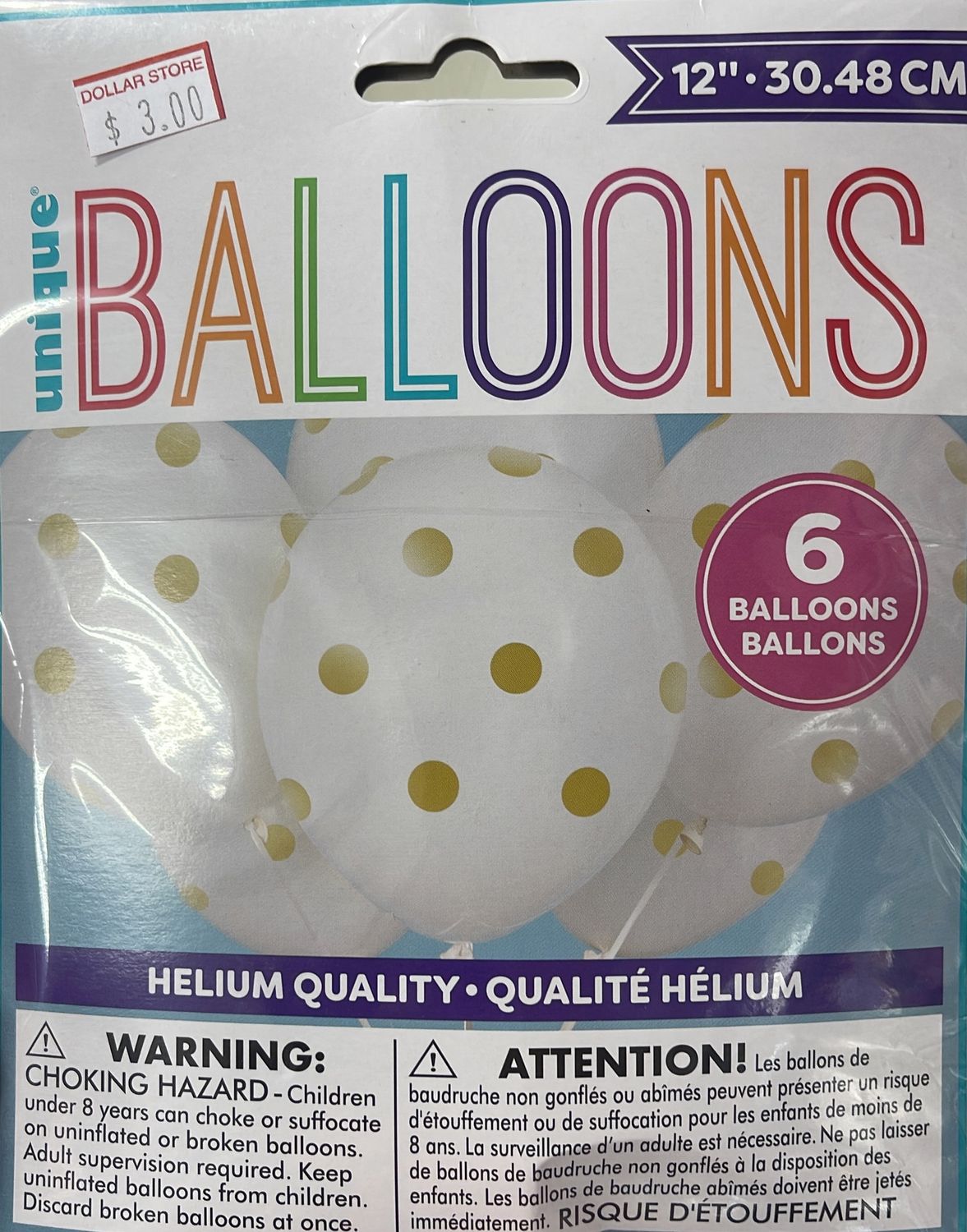 Unique: 6pk White with Gold Polka Dots Latex Balloons