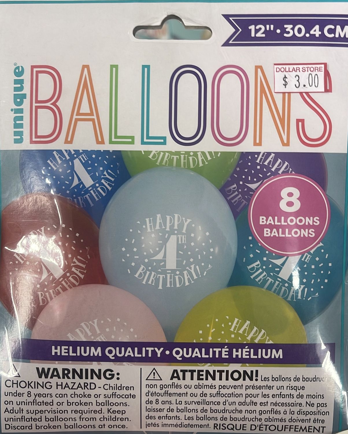 Unique: 8pk &quot;Happy 4th Birthday&quot; Latex Balloons 