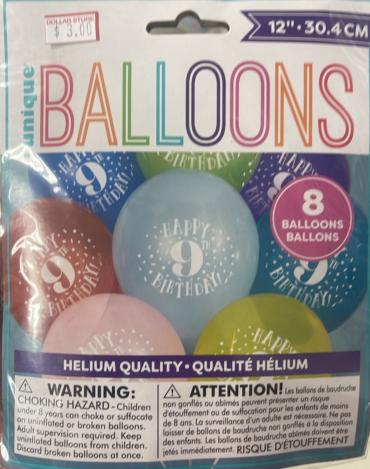Unique: 8pk &quot;Happy 9th Birthday&quot; Latex Balloons 
