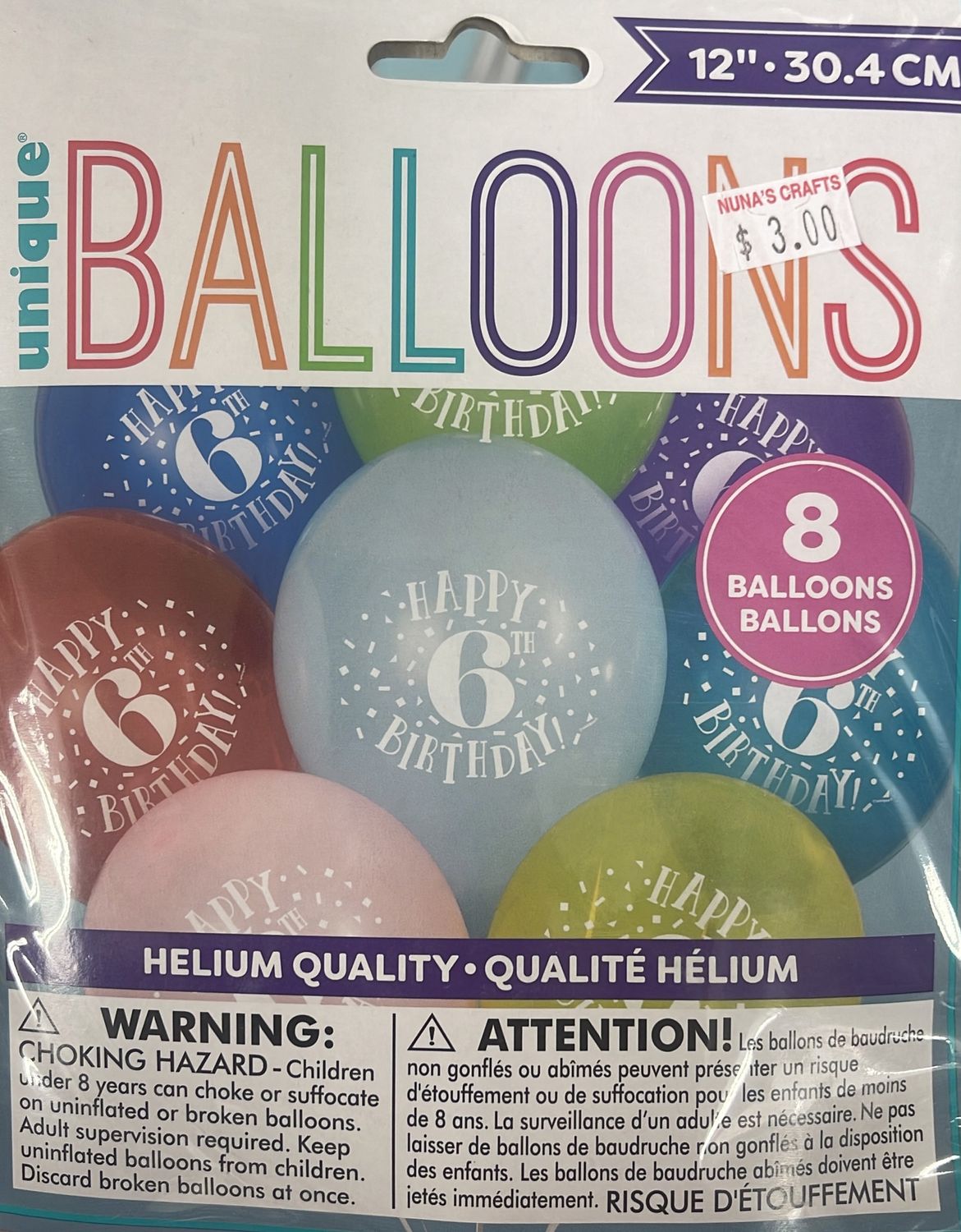 Unique: 8pk &quot;Happy 6th Birthday&quot; Latex Balloons 