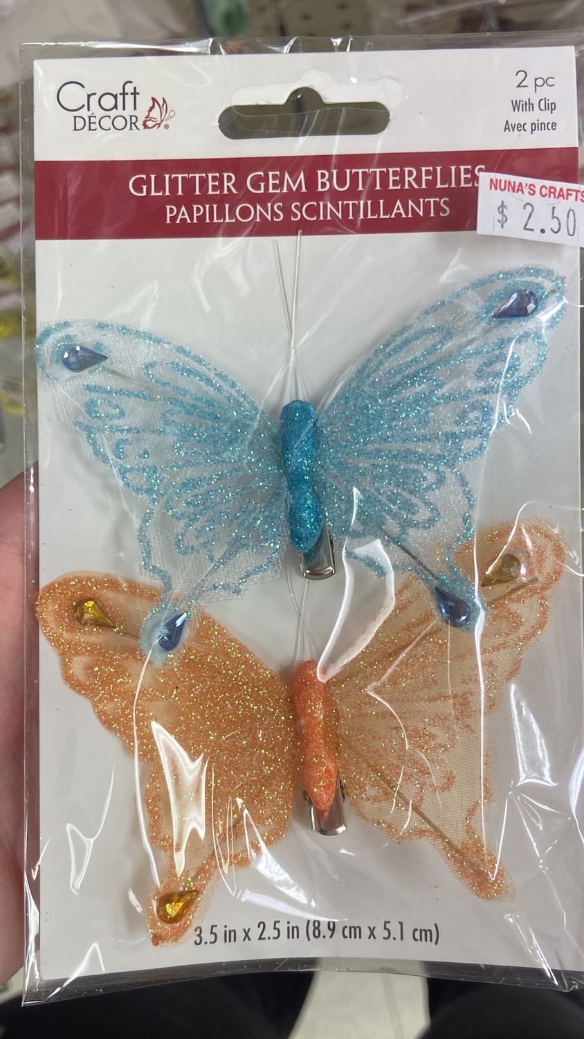 Craft Decor: Blue/Orange 2x Glitter Gem Butterflies