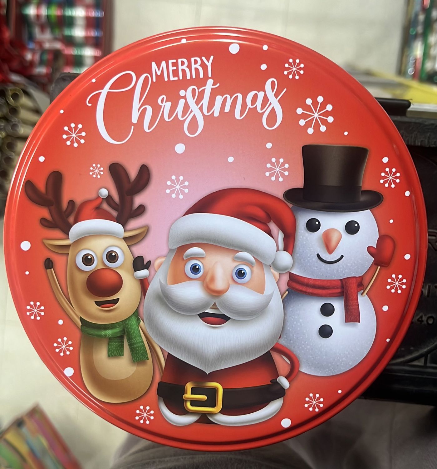 Circle tin (mini &quot;Merry Christmas&quot; w/ santa + reindeer)