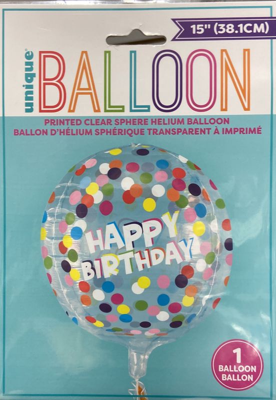 Unique: 15&quot; Rainbow Polka Dot &quot;Happy Birthday&quot; Printed Clear Sphere Balloon
