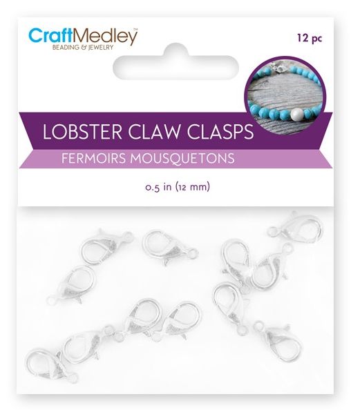 12pk 12mm Silver Lobster Claw w/Clasp, Colour: Silver