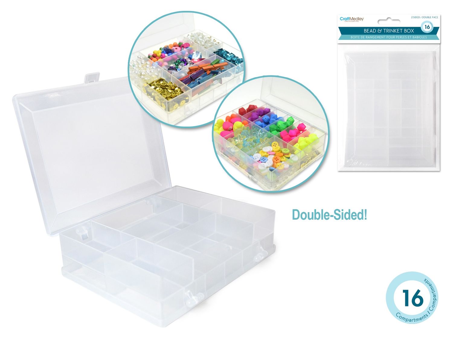 16-Compartment Plastic Storage Box - 4.8 x 3.8 x 1.3", Colour: -