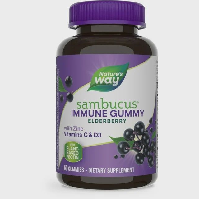 Nature&#39;s Way Sambucus Elderberry Immune Gummies, with Vitamins C, D3, &amp; Zinc, Unisex, 60 Ct