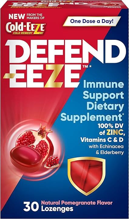 Defend-EEZE Immune Support Dietary Supplement Lozenges, 100% Daily Value of Zinc, Vitamins C &amp; D per Dose, with Echinacea &amp; Elderberry, Pomegranate Flavor, 30 Lozenges