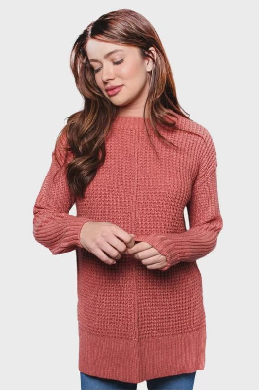 Women's Long Sleeves Crew Neck Knitted Sweater Withered Rose Color
