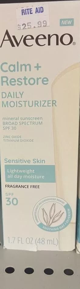 AveenoCalm &amp; Restore Daily Moisturizer SPF 30 Fragrance Free Sensitive Skin 1.7 fl oz