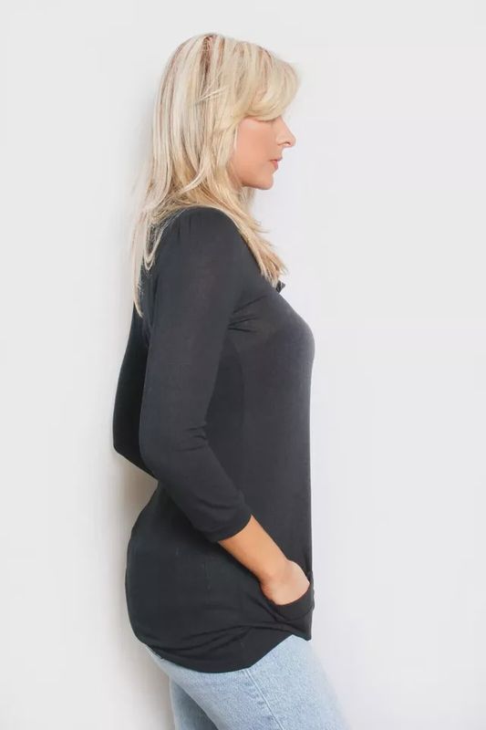 Black Women's Cowl Neck 3/4 Sleeves Pocket Front Tunic Choose Size