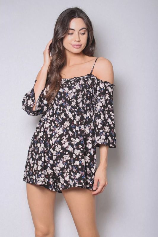 Women&#39;s Floral Print Cold Shoulder 3/4 Sleeves Romper