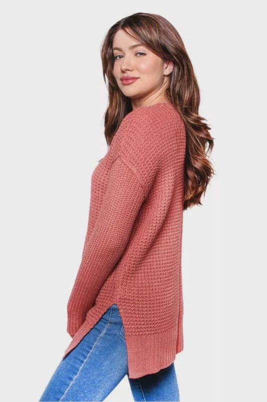 Women&#39;s Long Sleeves Crew Neck Knitted Sweater Withered Rose Color