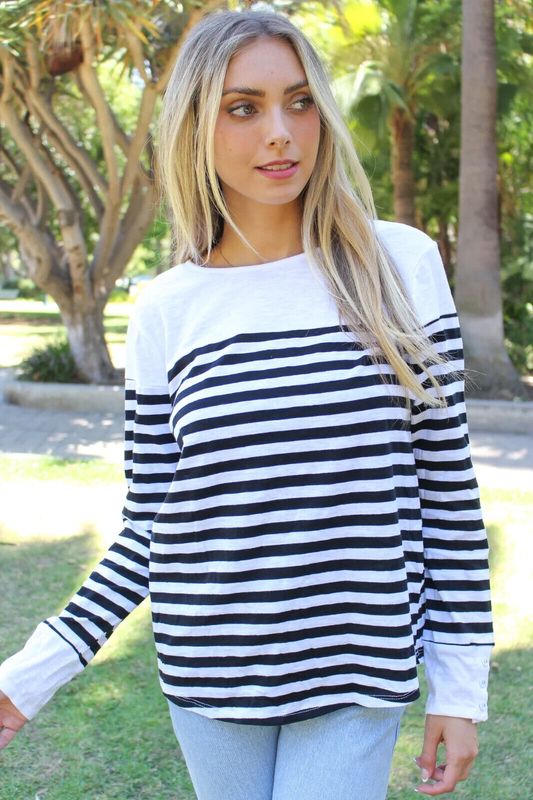 Women&#39;s Petite Round Neck Long Sleeves Stripes Top