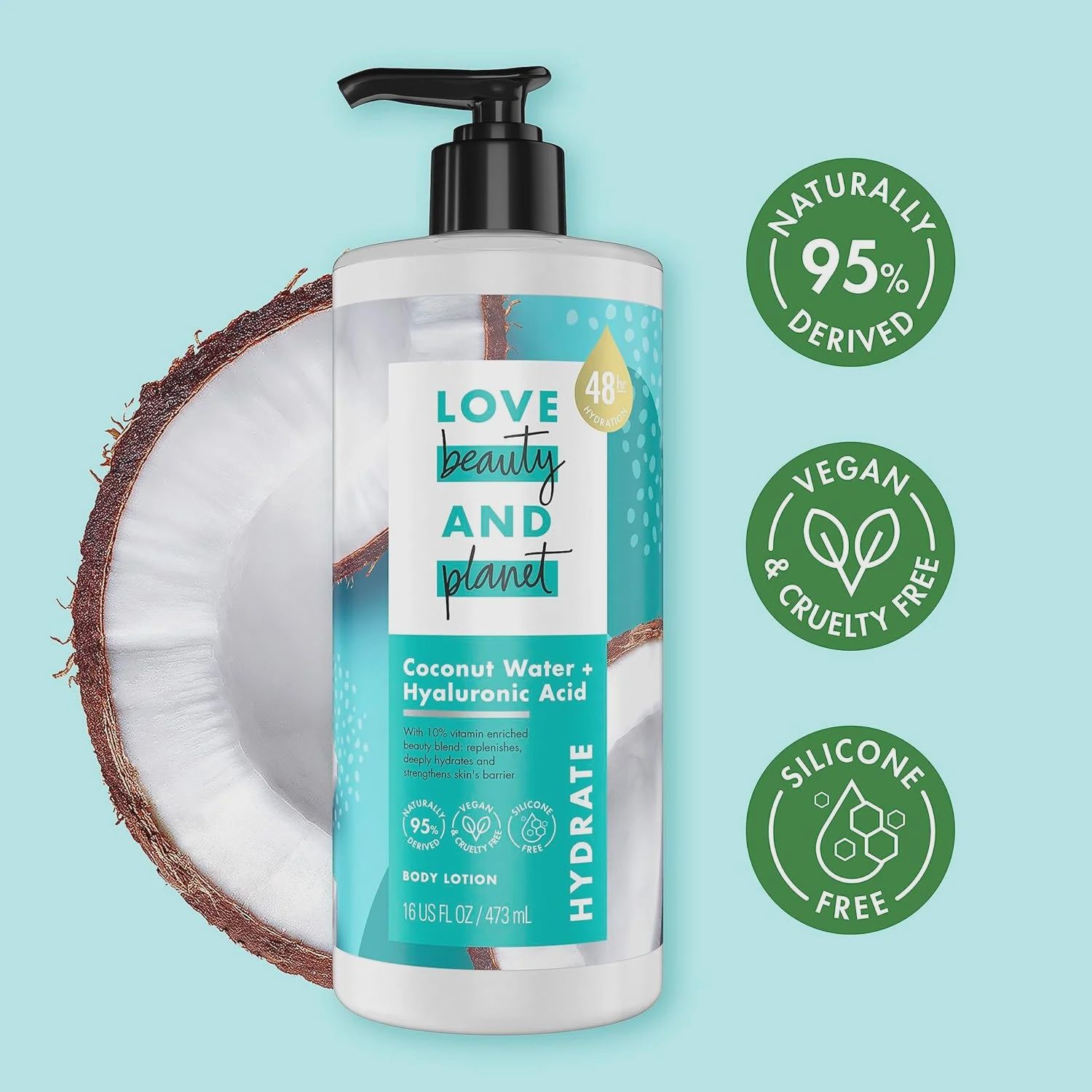 Brand New Love Beauty And Planet Lotion - Moisturizing Coconut Lotion with Hyaluronic Acid, Natural Body Lotion for Women, Dry Skin Lotion Scented with Mimosa Flower Extract, 16 Fl Oz