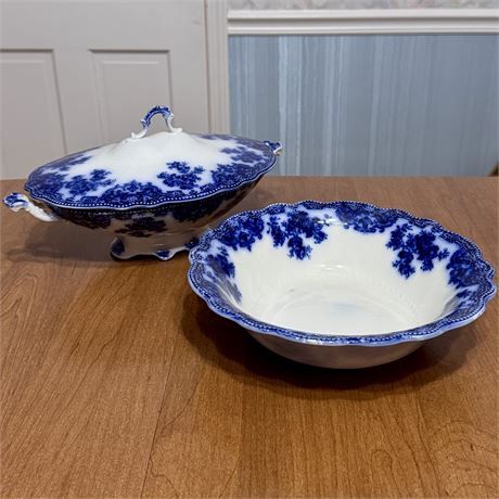 19th Century Grindley Osborne Flow Blue Serving Bowl &amp; Covered Dish Vintage