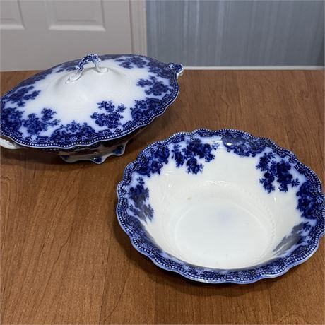 19th Century Grindley Osborne Flow Blue Serving Bowl &amp; Covered Dish Vintage