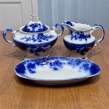 19th Century Grindley Osborne Flow Blue Creamer, Sugar and Butter Dishes Vintage