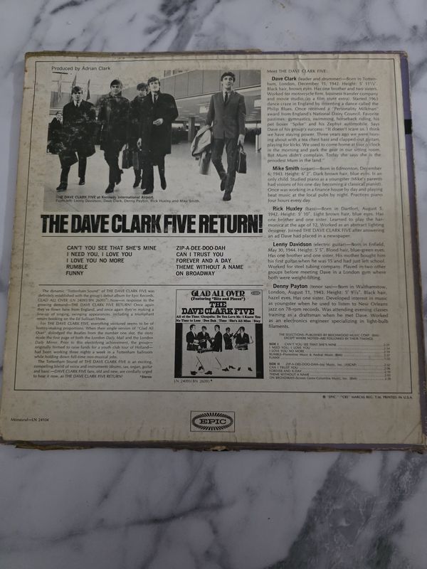 The Dave Clark Five ‎– The Dave Clark Five Return! Vinyl, LP Epic‎–LN 24104 PRE OWNED