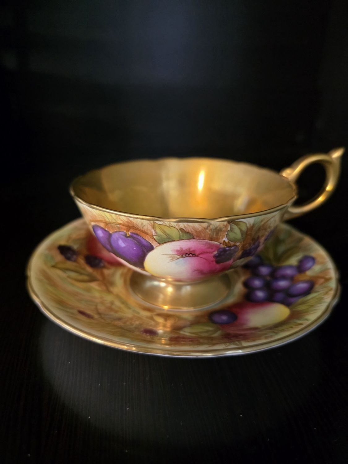 VINTAGE Aynsley Orchard Fruit Gold Tea Cup and Saucer English Bone China England PRE OWNED