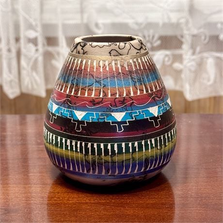 Navajo Horse Hair Pottery Vase, Signed