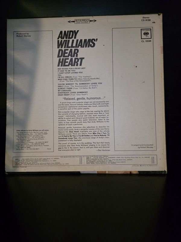 Andy Williams Dear Heart LP Columbia Records (1965) Pre Owned CS9138