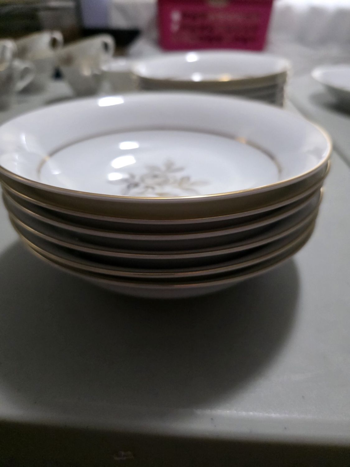 VINTAGE ENCHANTO CHINA SET OF 6 SOUP BOWLS 7.5&quot; BROWN ROSE