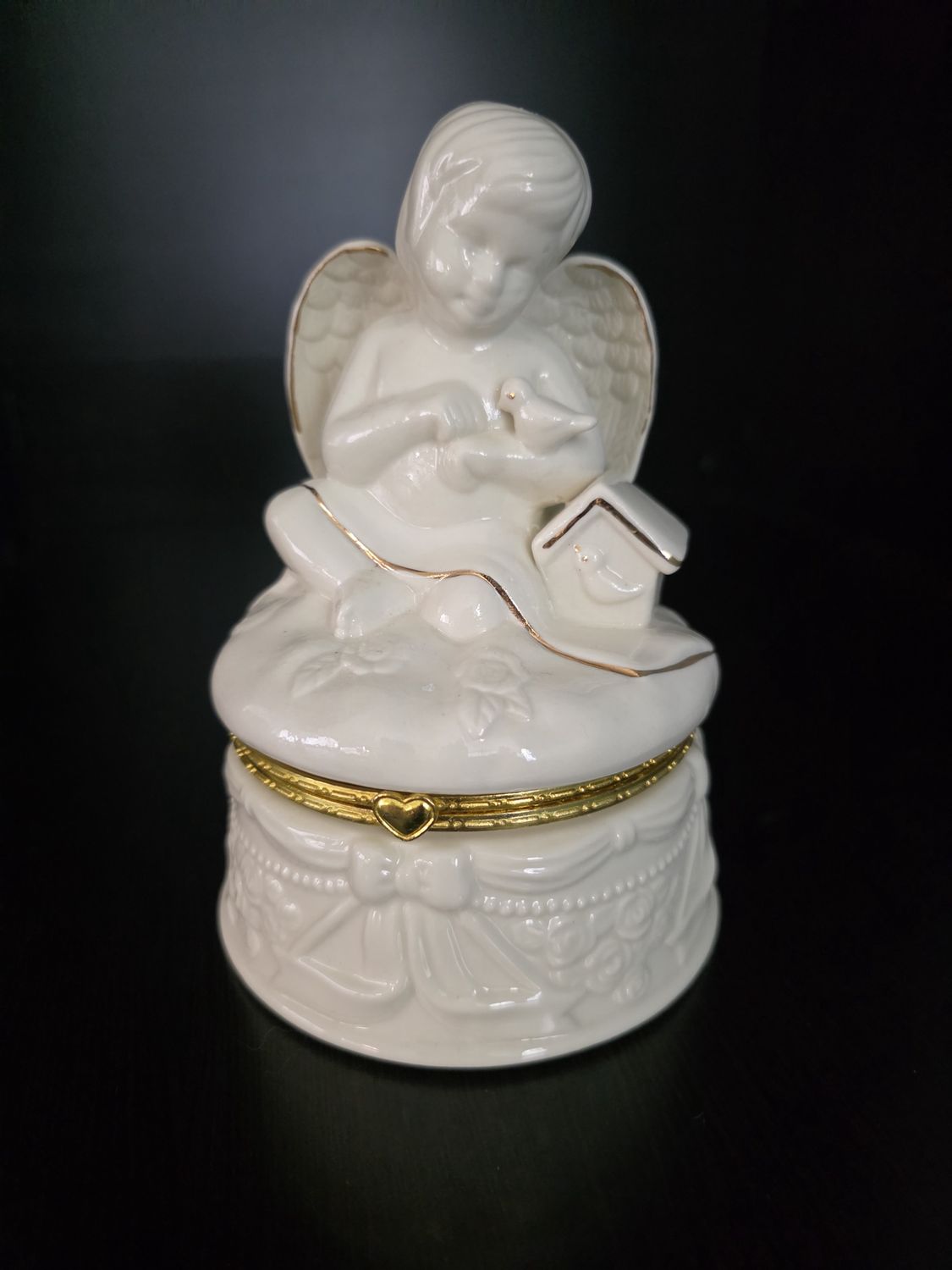 Angel Cherub Bird Figurine Trinket / Jewelry Box With Gold Trim