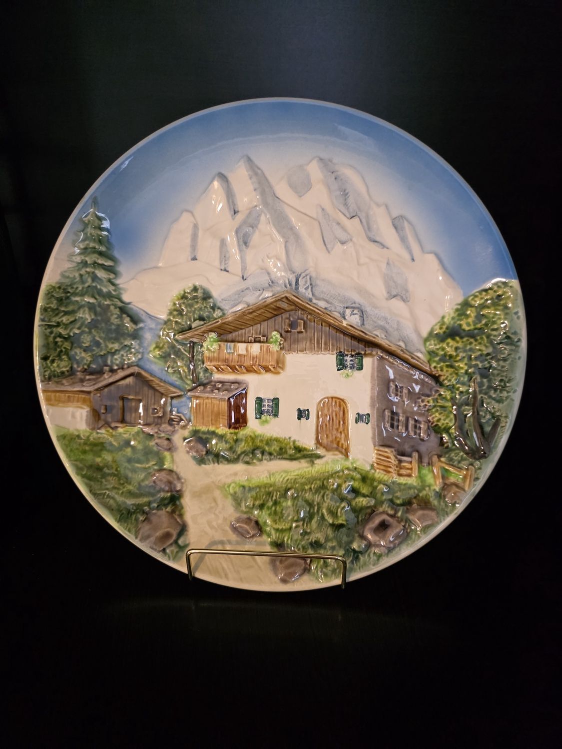 VINTAGE MAJOLICA PLATE CHALET ALPS MADE IN WEST GERMANY  12&quot;