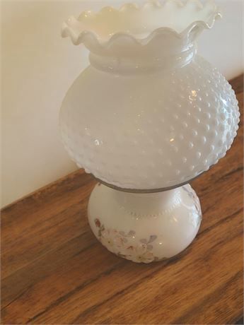 Vintage Hurricane Table Lamp with Hobnail Milk Glass Shade and Floral Base