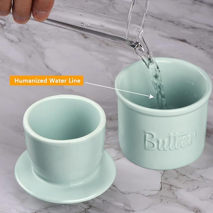 JSHKY Butter Crock with Spreader, French Butter Keeper with Water Line for Counter, The Original Porcelain Butter Dish. Gift for Thanksgiving, Christmas and Mother’s Day LT BLUE NEW IN BOX