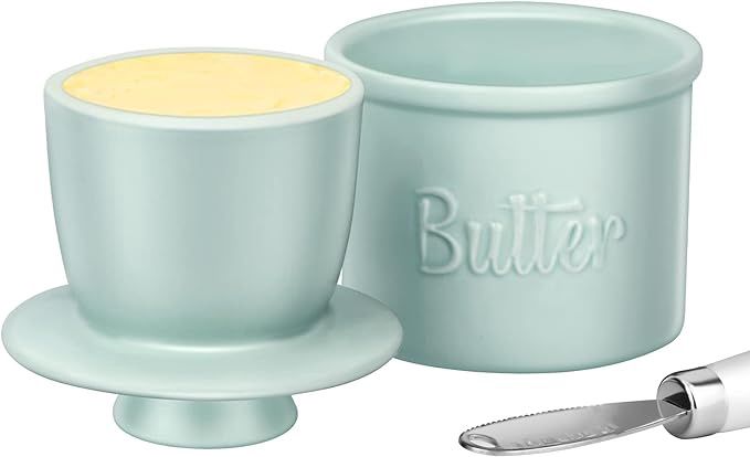 JSHKY Butter Crock with Spreader, French Butter Keeper with Water Line for Counter, The Original Porcelain Butter Dish. Gift for Thanksgiving, Christmas and Mother’s Day LT BLUE NEW IN BOX