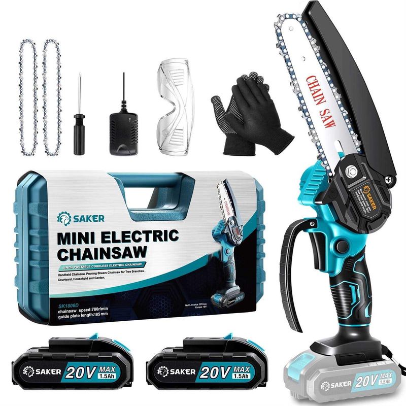 Saker Mini Chainsaw,6 Inch Portable Electric Chainsaw Cordless, Small Handheld Chain saw for Tree Branches,Courtyard, Household and Garden,By 2PCS 20V 1500mAh Batteries,Extra 3 PCS Chain BRAND NEW