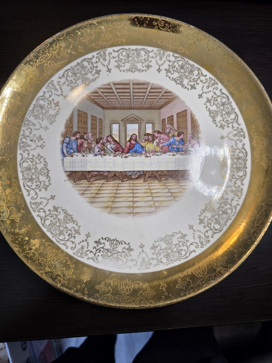 Vintage The Last Supper Religious Plate Sabin Crest O Gold Warranted 22k 10.3&quot;