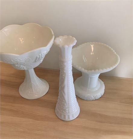 Vintage Fenton Milk Glass Lot - Vase, Grape Leaf Pattern Footed Candy Dish
