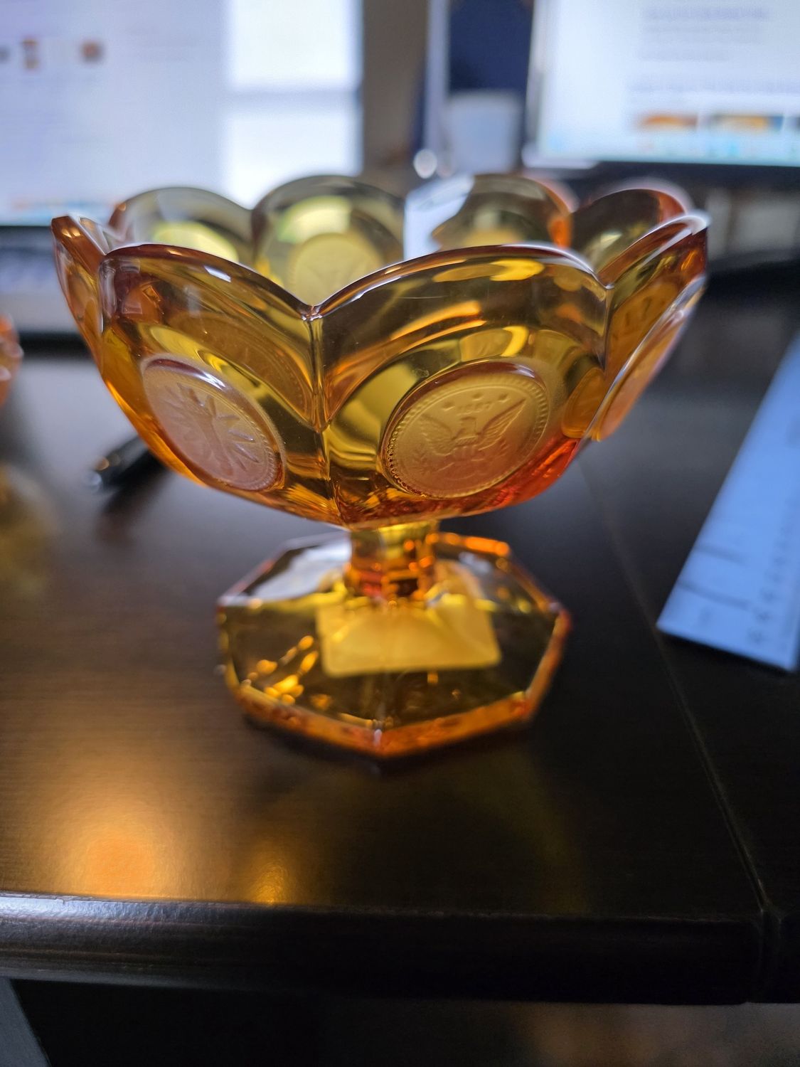 Vintage Fostoria Amber Coin Glass 8 1/2&quot; Pedestal Bowl LARGE Heavy  Compote