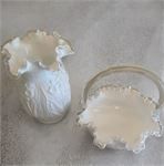 Fenton Silver Crest Ruffle Rim Milk Glass Basket W/Handle &amp; Daffodil Vase