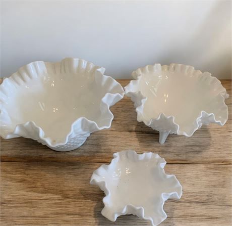 Vintage Fenton Milk Glass Hobnail Ruffled Edge Bowls - Set of 3