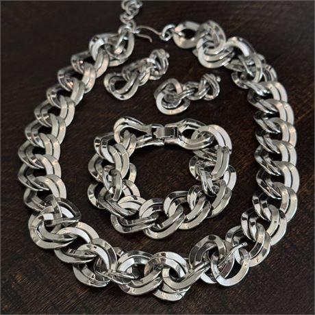 Signed Monet Chunky Silver-Tone Jewelry Set - Necklace, Bracelet &amp; Earrings