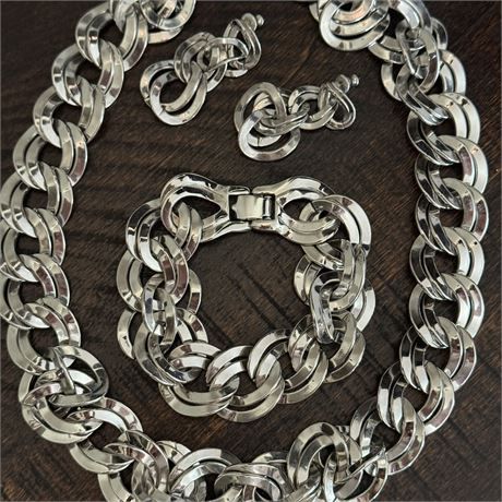 Signed Monet Chunky Silver-Tone Jewelry Set - Necklace, Bracelet &amp; Earrings