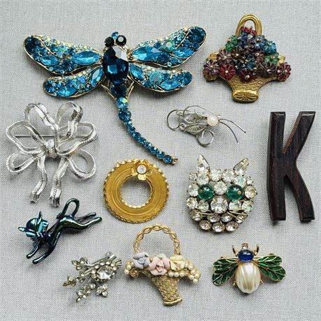Mixed Brooch Lot - HUGE Dragonfly, Antique, MFA, Rhinestone