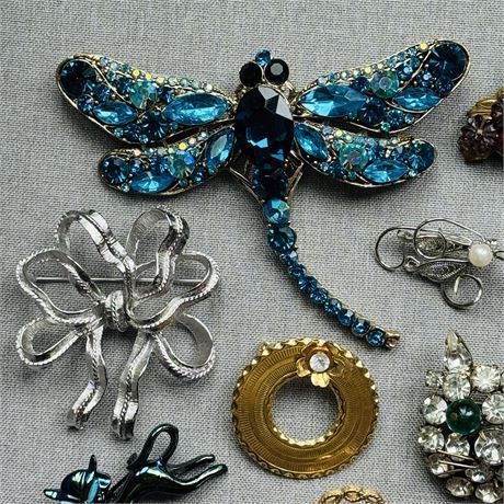 Mixed Brooch Lot - HUGE Dragonfly, Antique, MFA, Rhinestone