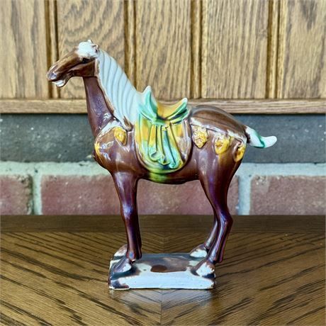 Vintage Chinese Tang Dynasty Ceramic War Horse Figurine - 6&quot;T