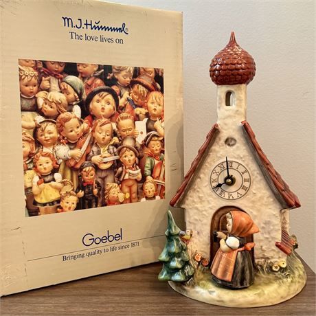 Signed Goebel Hummel 1984 Chapel Time Clock with Mirrored Display Case &amp; Box - 11&quot;T