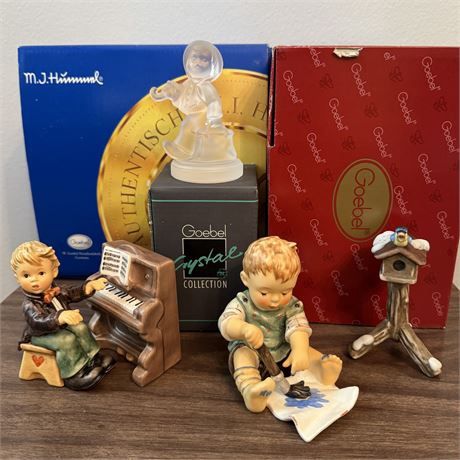 Vintage Hummel Mixed Figurines Lot w/ Boxes - Little Concerto, Birdhouse, Baby&#39;s First Drawing &amp; Crystal Merry Wanderer