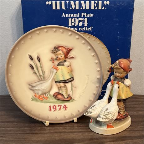 Hummel Goebel Goose Girl Figurine TM2 &amp; 1974 Annual Plate