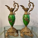 Pair of Antique Victorian Painted Metal Ewers - 15.5&quot;T ONE HANDLE BROKE WILL NEED REGLUED