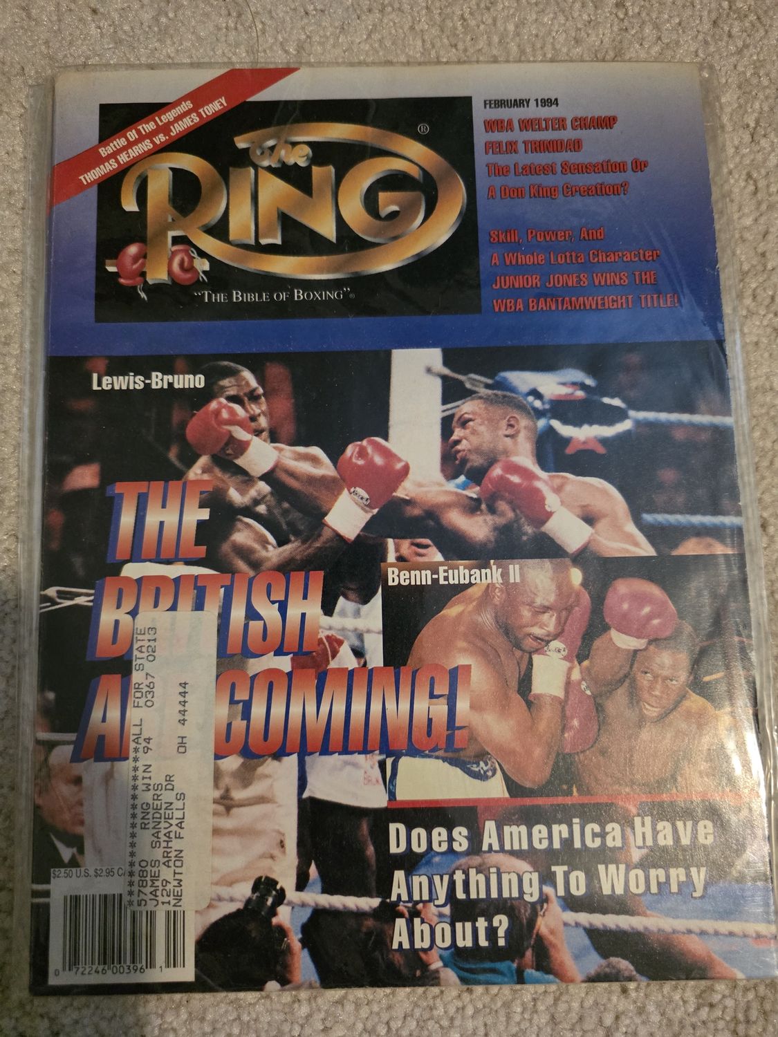 FEBRUARY 1994 RING MAGAZINE LEWIS BRUNO BENN EUBANK COVER