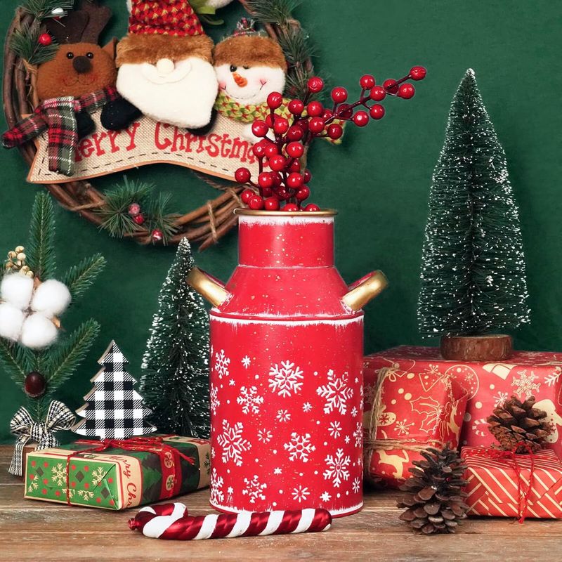 18 Putuo Decor Galvanized Red Metal Milk Can Snowflake Design Christmas Decorative Vase with Gold Handles Vintage Farmhouse Christmas Décor for Holiday Festive Centerpieces Home Accents