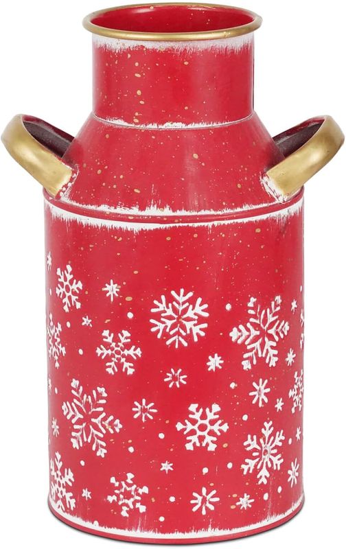 18 Putuo Decor Galvanized Red Metal Milk Can Snowflake Design Christmas Decorative Vase with Gold Handles Vintage Farmhouse Christmas Décor for Holiday Festive Centerpieces Home Accents