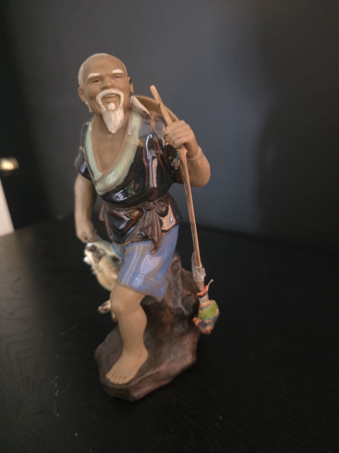 Shiwan Pottery Chinese Mud Man Fishing #328 ~ 8.5” Tall Figurine
